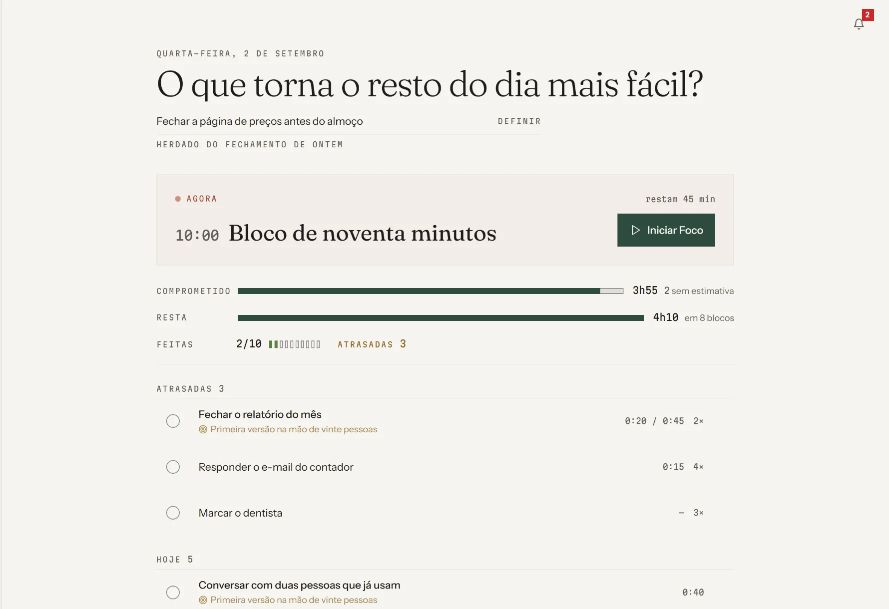 Captura do Meu Dia com a prioridade, o tempo disponível e as tarefas planejadas.